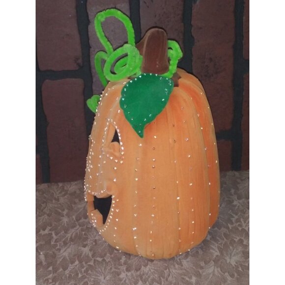 Vintage Halloween Jack o Lantern Pumpkin Oval embellished suede-like NO LIGHTS - Picture 5 of 8